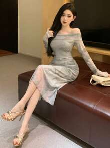 DAZY Ink Painting Print Off Shoulder Dress, Birthday ,New Year Eve Prom Dress Elegant,Fall Clothes