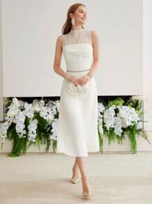 MOTF PREMIUM SOLID CONTRAST MESH FOLD PLEATED DRESS