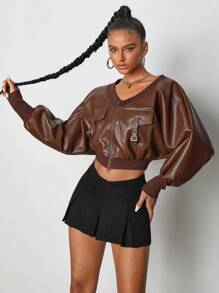 TRANG DUONG 设计师纯色落肩短款 PU 夹克，秋季，适合秋冬季、假日、度假、节日 - 棕色 - 查看 3