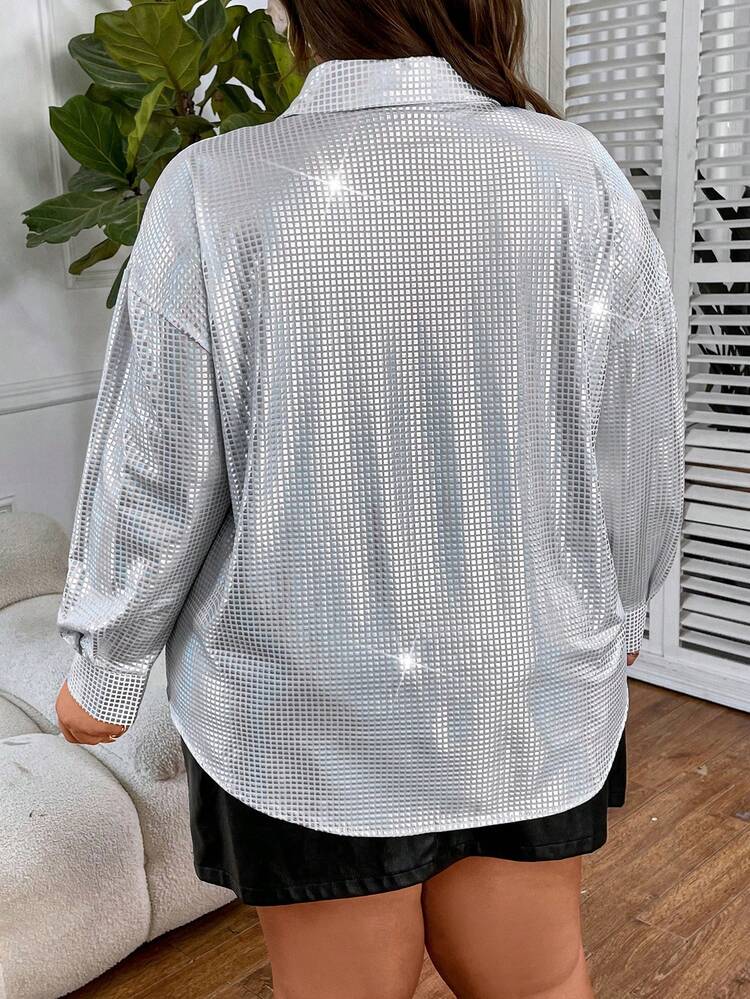 Plus Size Women's Turn-Down Collar Beaded Shirt