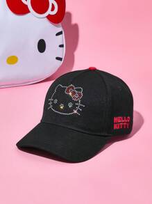 HELLO KITTY AND FRIENDS | SHEIN 水钻刺绣日常佩戴黑色棒球帽，防紫外线 - 黑色 - 查看 1