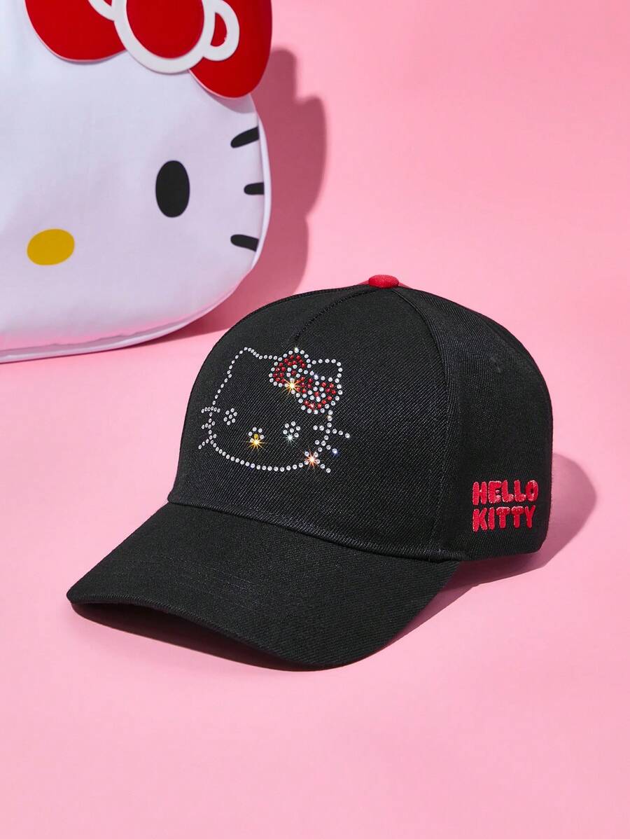 HELLO KITTY AND FRIENDS | SHEIN 水钻刺绣日常佩戴黑色棒球帽，防紫外线 - 黑色 - 查看 1