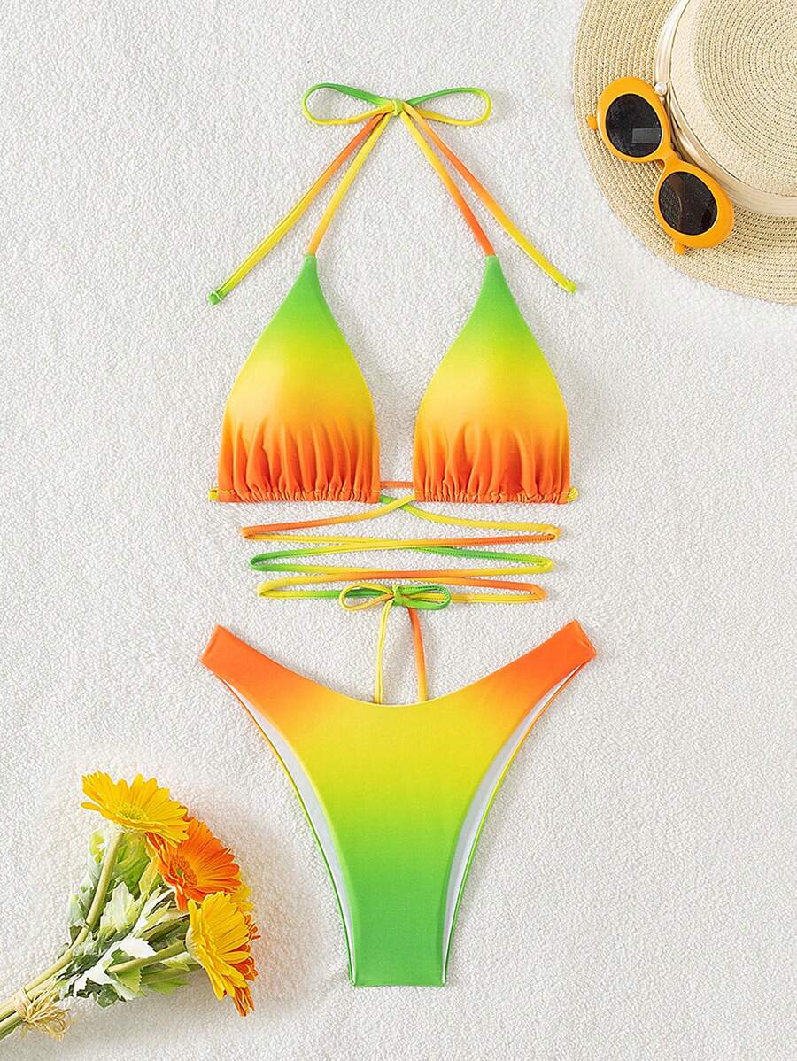 SHEIN Swim Women's Gradient Cross Back Tie Halter Bikini Set - Multicolor - View 1