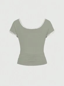 ROMWE Fairycore 女款可爱猫咪花园方领短袖 T 恤 - 綠色 - 查看 2