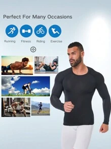 男士長袖運動緊身衣 - 黑色 - 查看 5