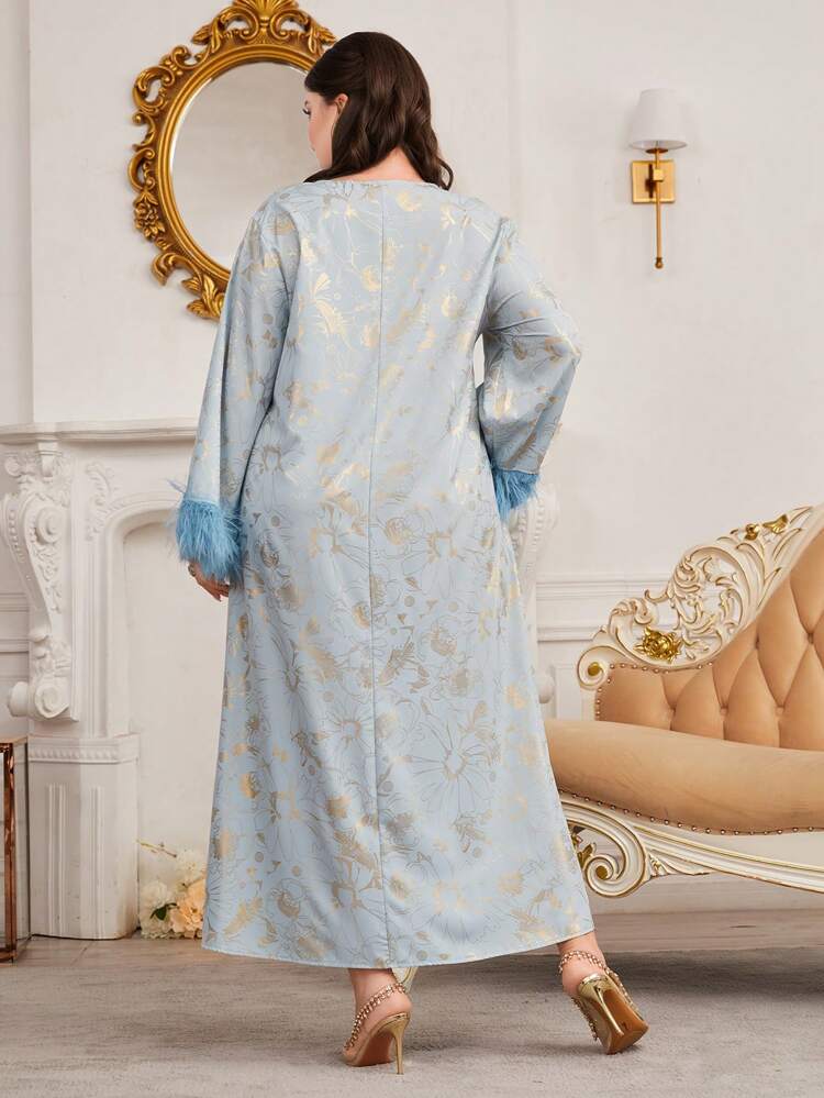 Women's Plus Size Tassel Trim Gold Foil Printed Arabic Jalabiya Clothing