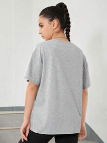 SHEIN Thiếu niên Cô gái Đan Lỏng lẻo phù hợp Ngắn tay Áo thun Với Gấu In Mẫu - Màu Xám nhạt - Xem 2
