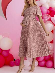 SHEIN Maternity Floral Pleated Dress - Pink - View 1