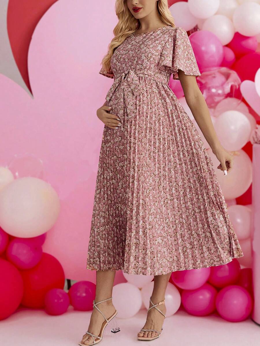 SHEIN Maternity Floral Pleated Dress - Pink - View 1