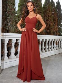 雙肩帶交叉後背雪紡無袖褶皺胸部正式晚禮服 - 亮橙色 - 查看 4