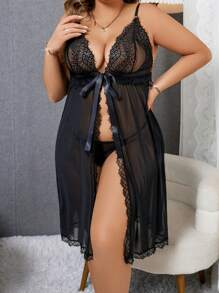 SHEIN 2 Piezas Conjunto De Lencería Sexy Con Diseño De Encaje (vestido + Tanga) - Negro - Ver 5