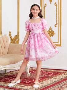 SHEIN Tween Girls' Tie Dye Print Short Puff Sleeve Butterfly Belted A-Line Dress - Pink - View 1