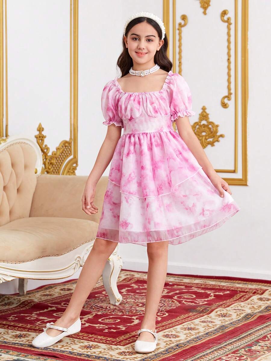 SHEIN Tween Girls' Tie Dye Print Short Puff Sleeve Butterfly Belted A-Line Dress - Pink - View 1