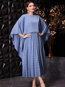 Modelyn Women's Metallic Decor Batwing Sleeve Dress,Elegant Evening Party Dress - Dusty Blue - View 6