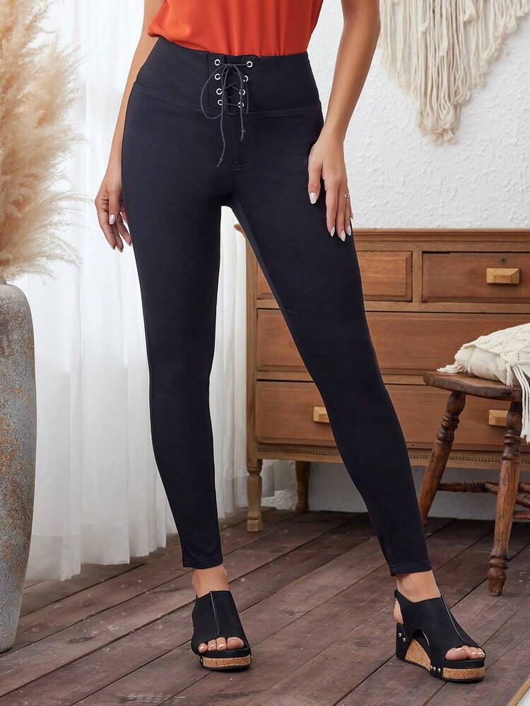 Women's Casual Solid Color Cross Tied Slim Fit Long Pants Fall Cloth For Women