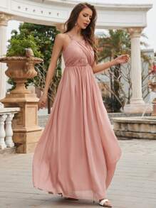 Spaghetti Strap Ruffled Back Chiffon Bridesmaid Dress - Dusty Pink - View 1