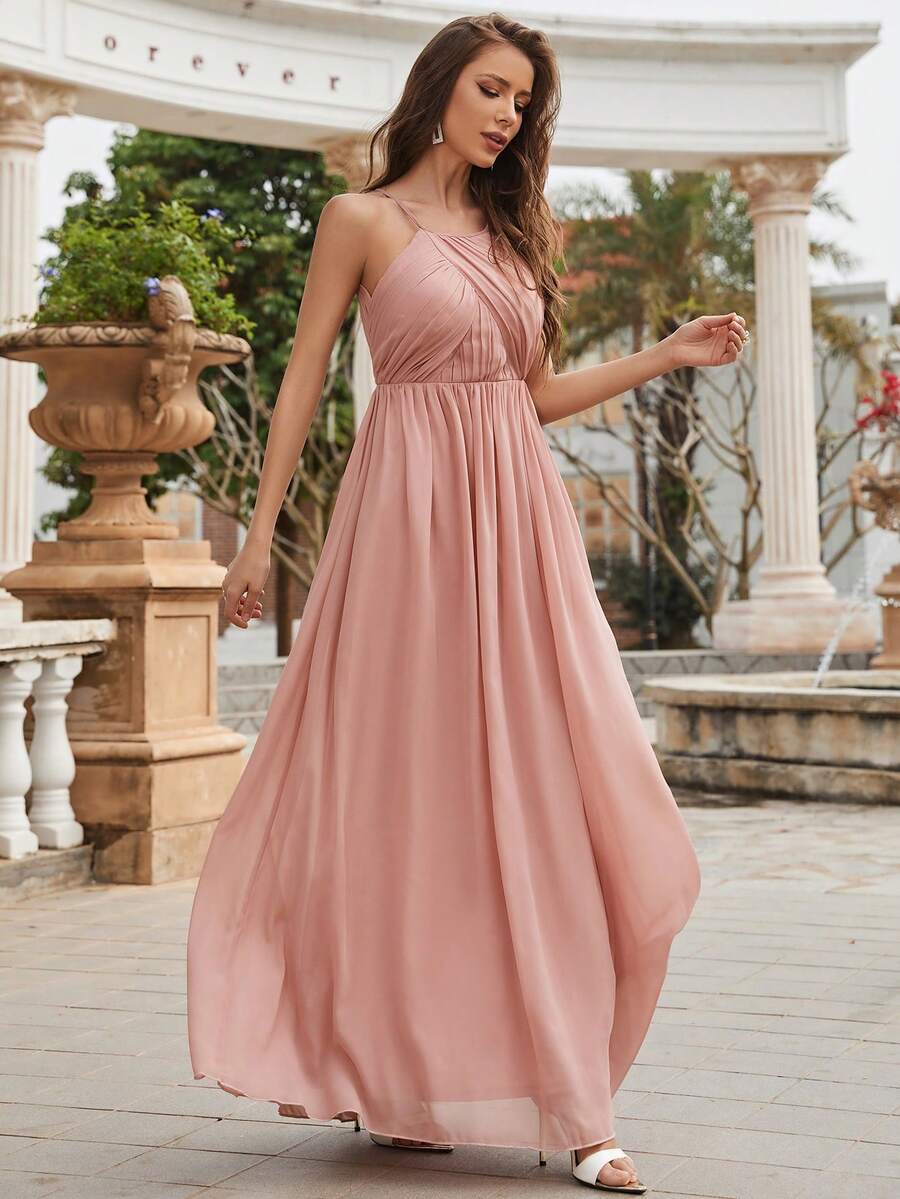 Spaghetti Strap Ruffled Back Chiffon Bridesmaid Dress - Dusty Pink - View 1