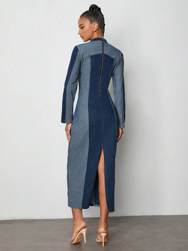 Designer Two-Tone Long Sleeve Elegant Cowgirl Denim Dress, For Holiday, Party, Birthday Outfits, Spring & Summer, Festival, Wedding Prom Dress