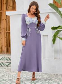 Seusyu Women's Floral Printed Patchwork Criss-Cross Strap Dress - Purple - View 5
