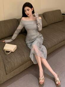 DAZY Ink Painting Print Off Shoulder Dress, Birthday ,New Year Eve Prom Dress Elegant,Fall Clothes