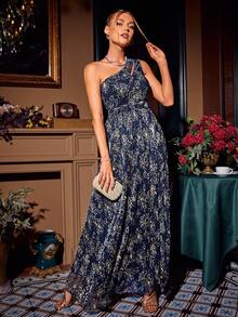 Glamaker Ladies' One Shoulder Full Body Printed Dress - Navy Blue - View 4