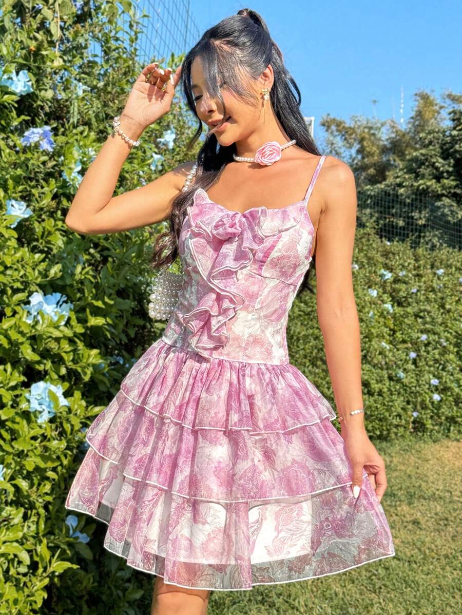 Soleia 女士花卉印花荷葉邊細肩假日裙