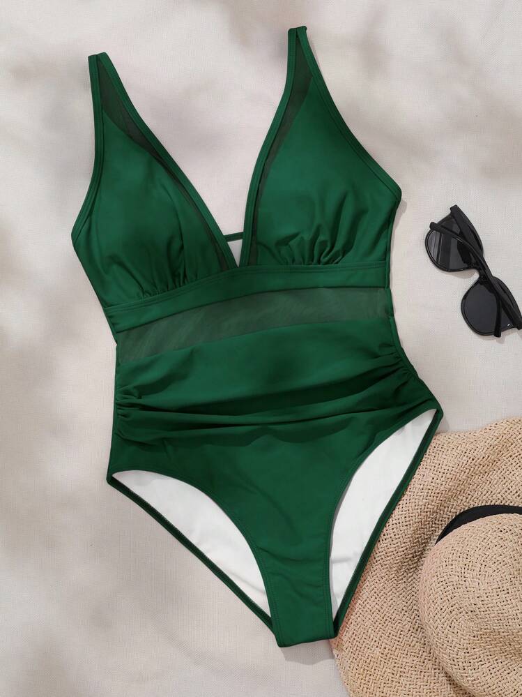 SHEIN Swim Mesh Insert Deep V-Neck One-Piece Swimsuit Carnival,Summer Beach - Dark Green - View 4