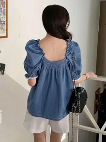 DAZY Áo chui đầu phong cách áo sơ mi denim nữ có tay bồng ngắn, bèo nhún - Màu xanh lam - Xem 2
