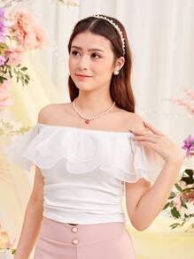 SHEIN 少女针织撞色网眼荷叶边下摆休闲露肩褶饰T恤 - 白色 - 查看 4