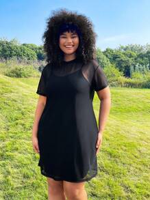 SHEIN EZwear 2件套黑色针织连衣裙，带透明覆层，音乐节服装 - 黑色 - 查看 3