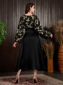 Modelyn Vestido De Manga Murciélago Para Mujer Con Estampado Floral Y Parches - Negro - Ver 2