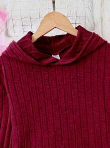 Teen Girls' Sweet Ribbed Letter Patchwork Hooded Top And Pants Two Piece Set - Burgundy - View 7