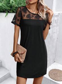 SHEIN LUNE 女士愛心蕾絲短袖裙 - 黑色 - 查看 4