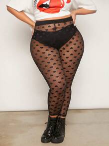 SHEIN CURVE+ Plus Size Women's Heart-Shaped Mesh Pants - Black - View 4