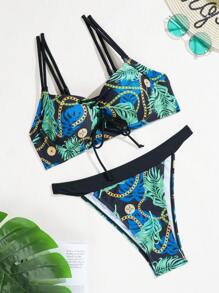 SHEIN Swim 女士热带植物链条印花比基尼套装，两件套比基尼套装夏季海滩