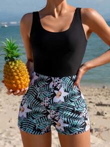 Swim Lushoire Summer Beach Women's One-Piece Swimsuit With Plant Print - Multicolor - View 1