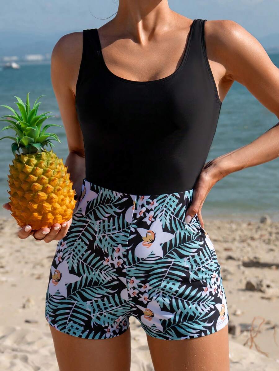 Swim Lushoire Summer Beach Women's One-Piece Swimsuit With Plant Print - Multicolor - View 1