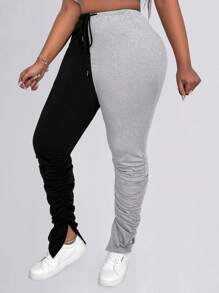 EMERY ROSE Talla grande Pantalones apilados de cintura con cordón fruncido - Negro - Ver 4