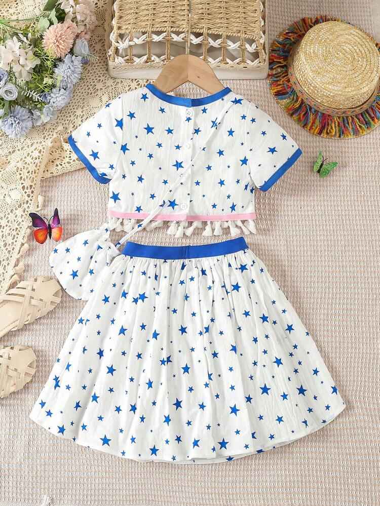 Young Girls' Summer Full Print Star Pattern Round Neck Cropped Top With Tassel & Skirt & Bag 3pcs/Set