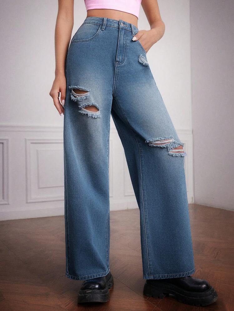 Women's Straight Leg Jeans With Distressed Details