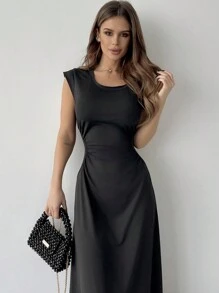 Firerie Solid Color A-Line Waist Cinched Long Dress Elegant Dress - Black - View 3