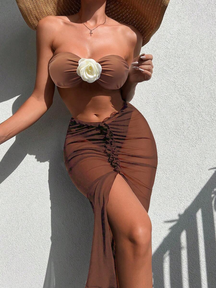 SHEIN Swim 3pcs/Set Strapless Bikini Set With 3d Flower Decor + High Slit Skirted Swimwear Bottom - Coffee Brown - View 1