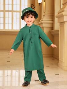 SHEIN 少年節三件套：長袖半扣衫+褲子+編織腰帶帽子 - 綠色 - 查看 1