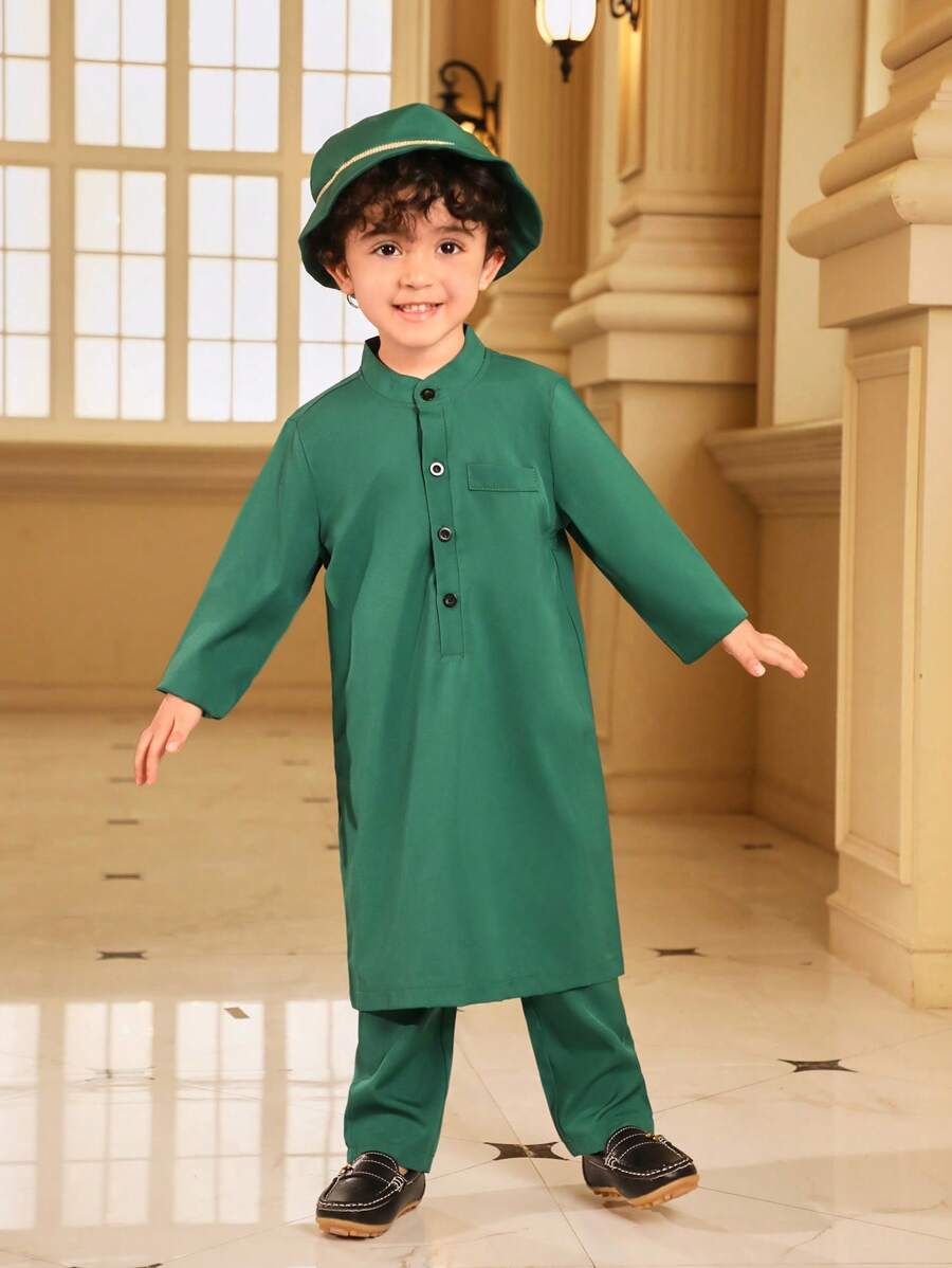 SHEIN 少年節三件套：長袖半扣衫+褲子+編織腰帶帽子 - 綠色 - 查看 1