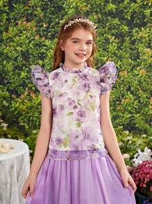SHEIN Camisa De Organza Elegante De Patrón Floral Con Cuello De Encaje Francés Para Niñas Adolescentes Con Mangas Doble Capa Con Volantes Plisados