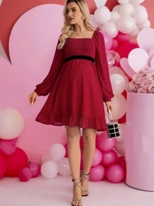 孕婦荷葉邊腰帶連衣裙 - 紅色 - 查看 4