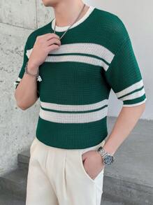 Claim Dot Men's Color Block Striped Short Sleeve Knitted Top - Green - View 4