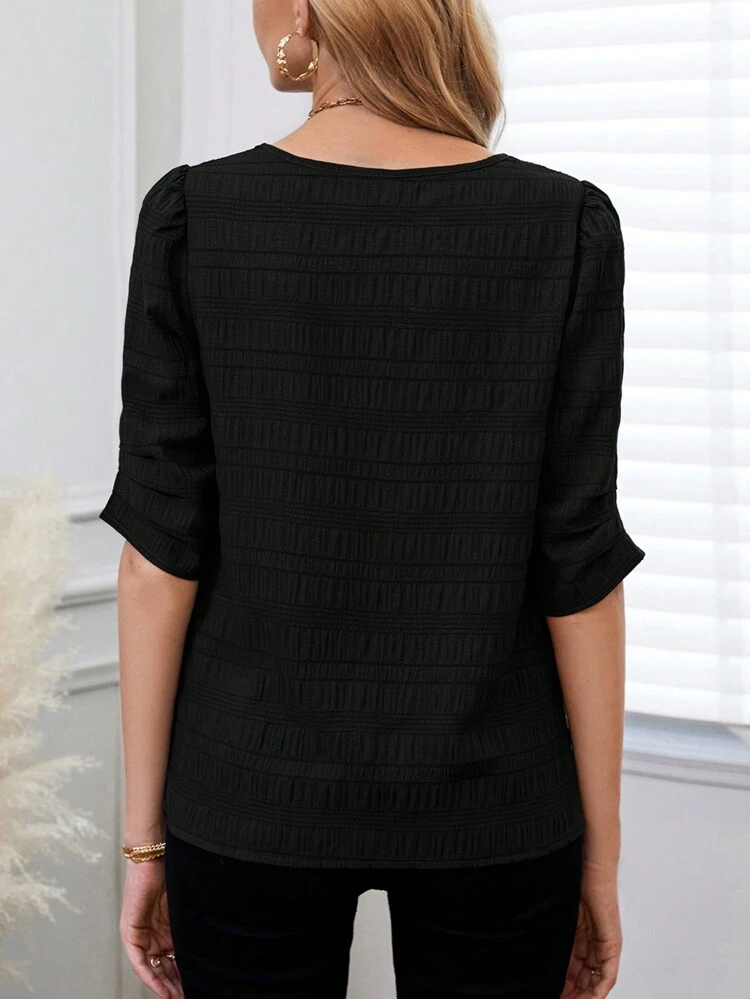 Women's Black Notched Neck Spring Blouse