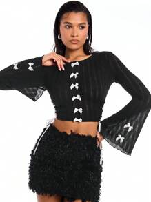 SHEIN BAE 女士復古蝴蝶結剪裁仿舊喇叭袖 T 卹 - 黑色 - 查看 1