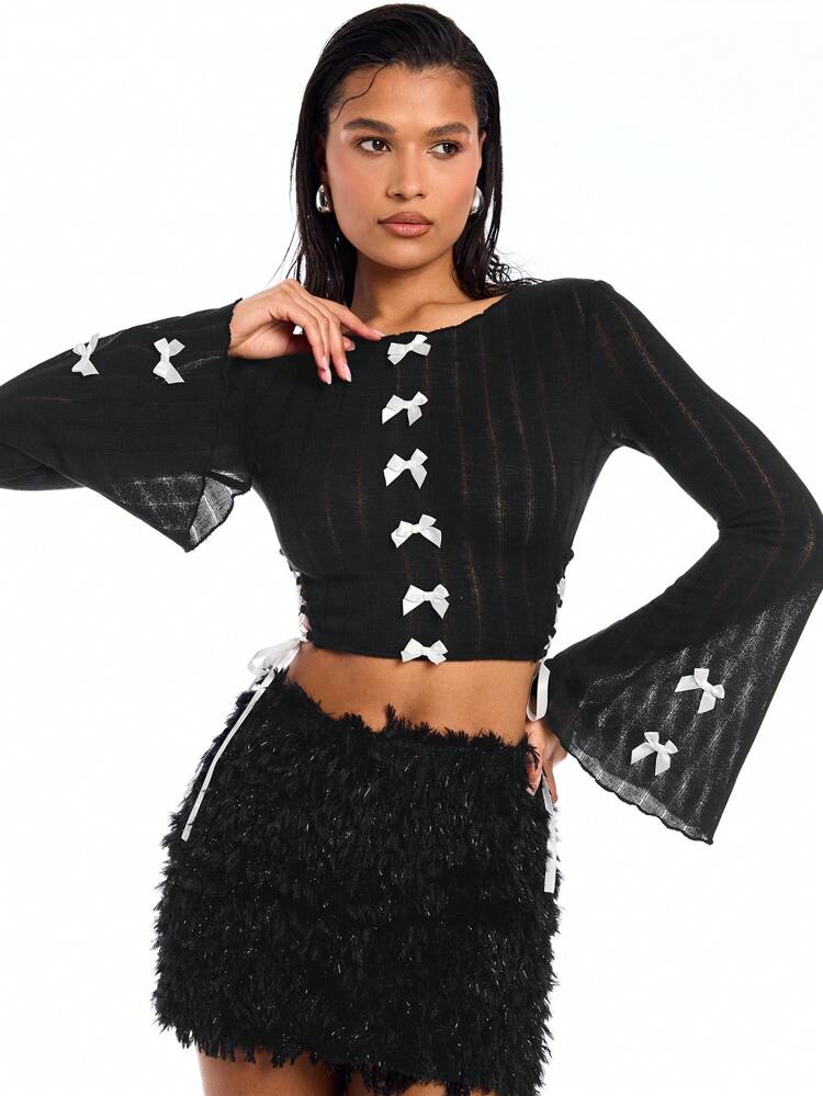 Women's Retro Bowknot Cut Out Distressed Bell Sleeve T-Shirt